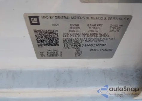 2021 GMC Sierra 1500 2Wd Short Box Slt from USA, damaged, VIN 3GTP8DED9MG136087